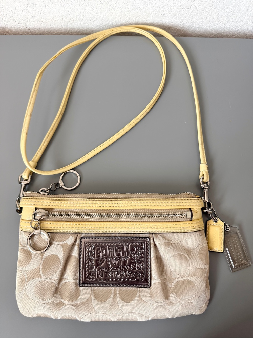 Coach Poppy Vintage Crossbody in Tan Signature Sateen and Yellow Patent Leather